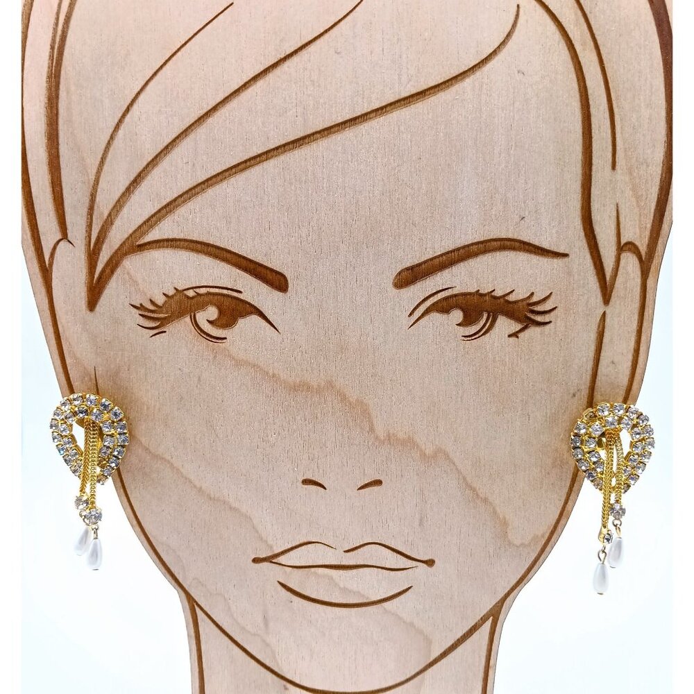 Crystal Earrings with Chain and Pearl Teardrop Dangles, Gold Tone Clip Ons